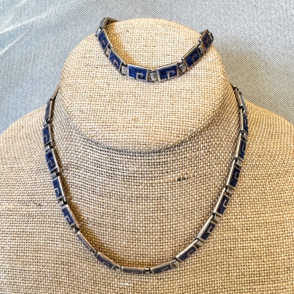 Margot de Taxco Mosaic Blue Enamel Sterling Silver Necklace and Bracelet Set - Picture 1 of 12